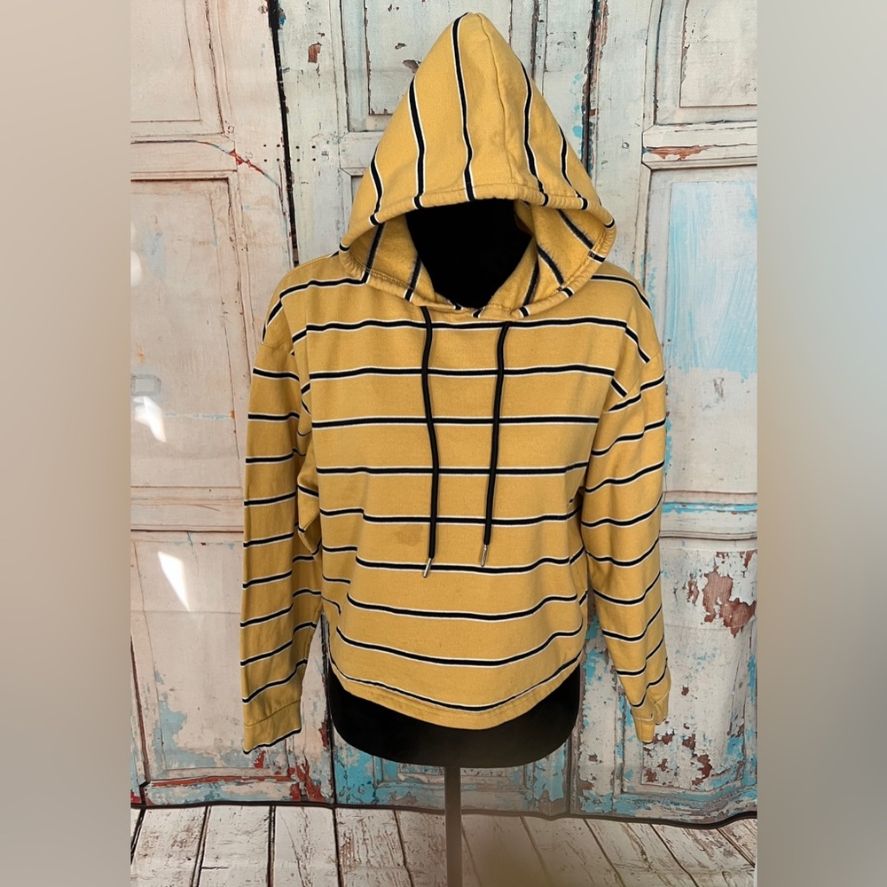 Angel Kiss Women Long Sleeve Striped Mustard Cropped Hoodie Size Large